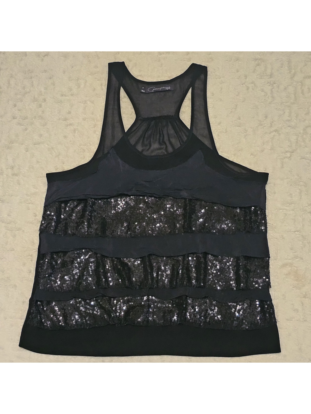 Patterson J. Kincaid Black Racerback Tank Top Layered Sequin Panels M